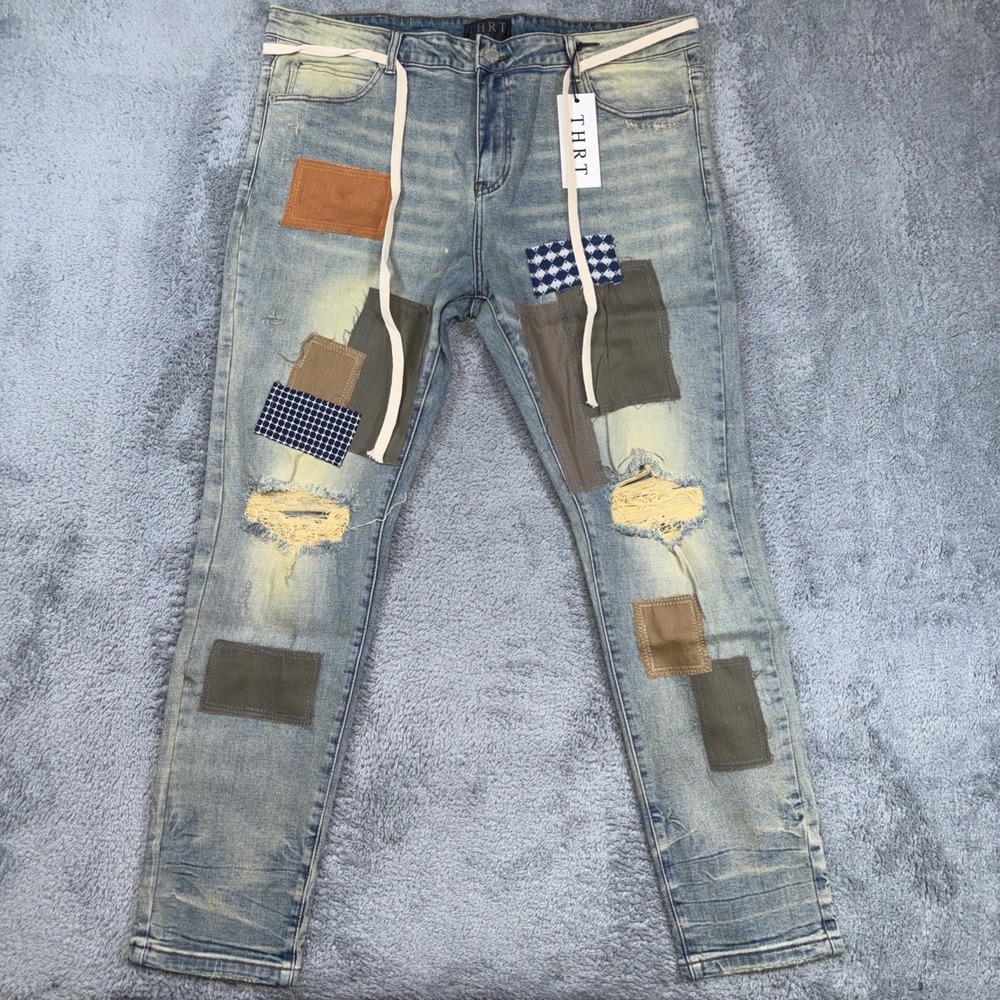Thrt Santorini Patch Work Distressed Blue Skinny Jeans Mens Sz 42